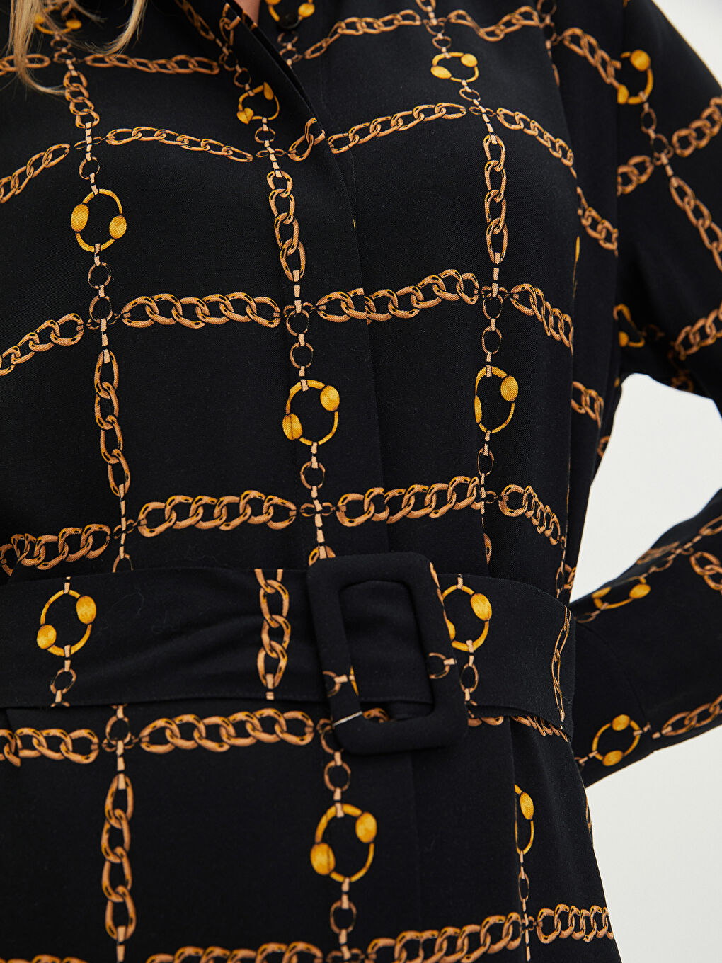 Siyah Önden Düğme Kapamalı Desenli Uzun Kollu Viskon Kadın Gömlek Gömlek Elbise-3