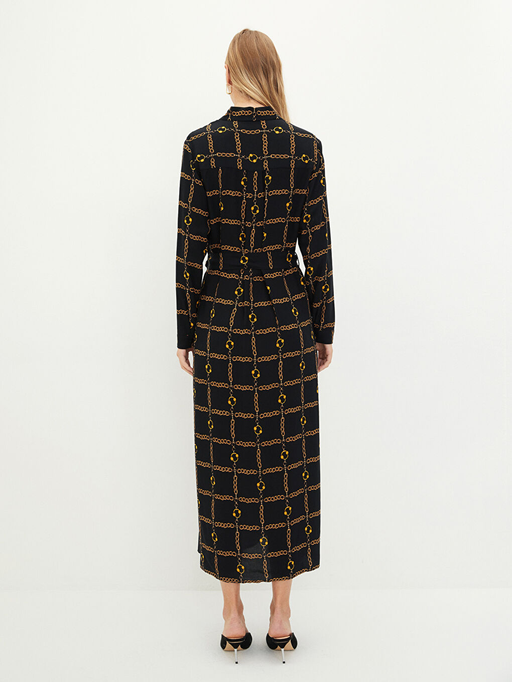 Siyah Önden Düğme Kapamalı Desenli Uzun Kollu Viskon Kadın Gömlek Gömlek Elbise-4