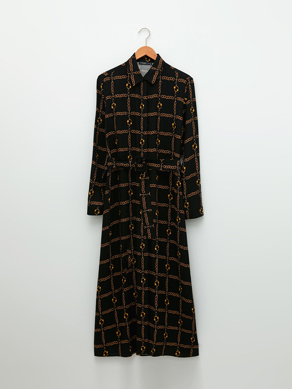 Siyah Önden Düğme Kapamalı Desenli Uzun Kollu Viskon Kadın Gömlek Gömlek Elbise-5