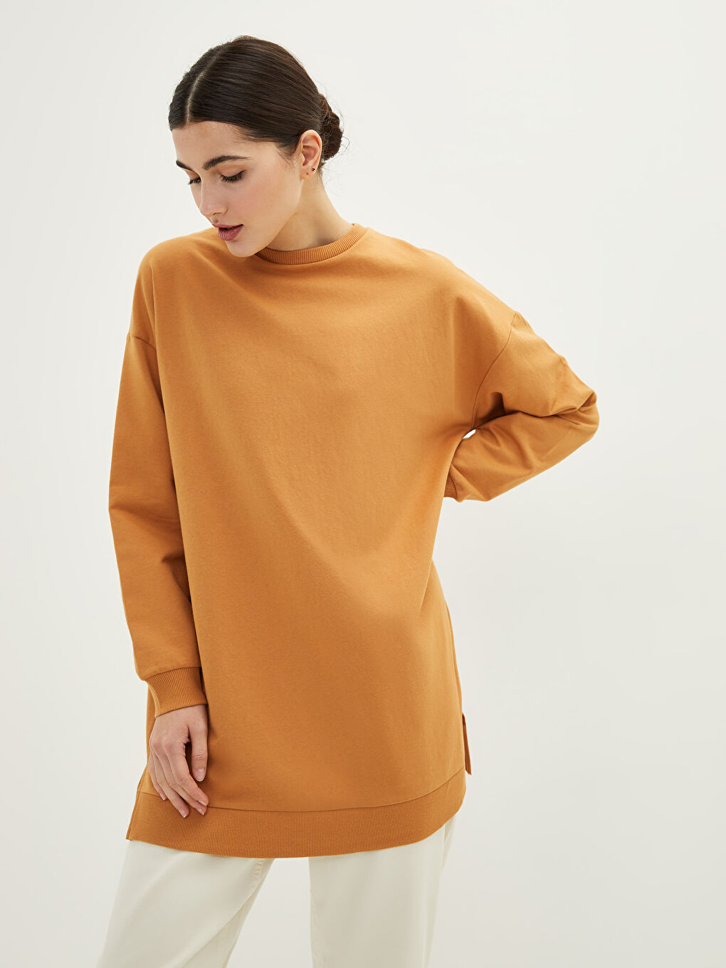 Crew Neck Plain Long Sleeve Women's Sweatshirt Tunic