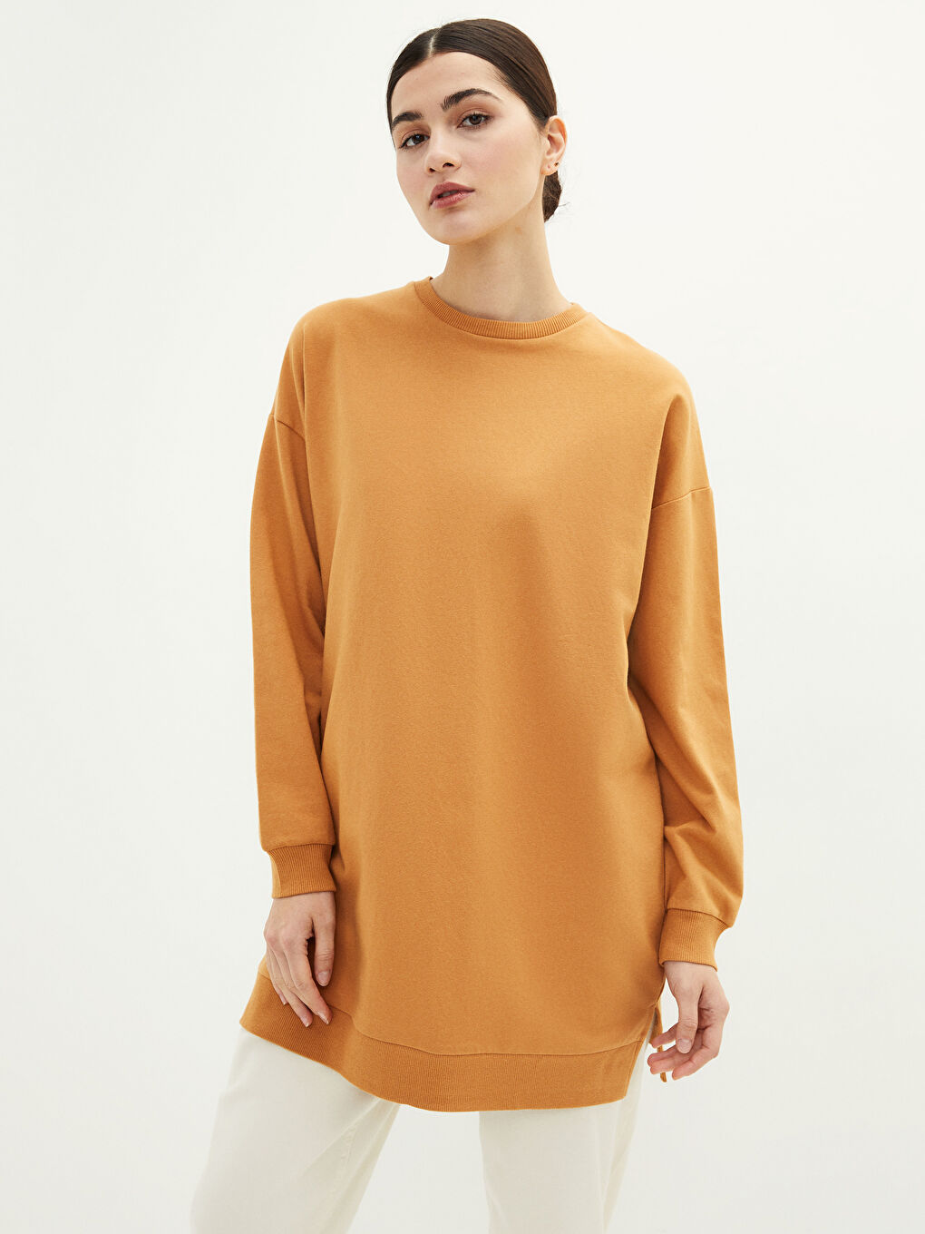 Crew Neck Plain Long Sleeve Women's Sweatshirt Tunic-1