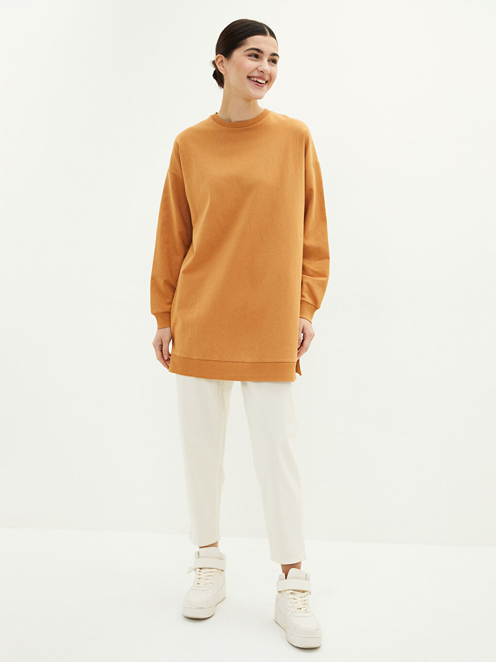 Crew Neck Plain Long Sleeve Women's Sweatshirt Tunic-2