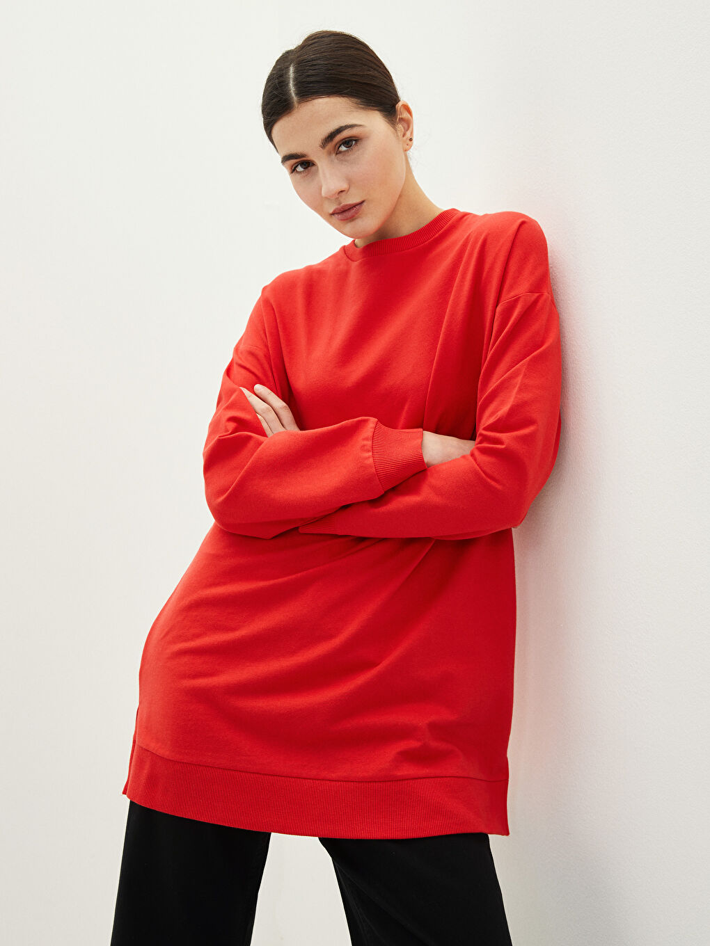 Crew Neck Plain Long Sleeve Women's Sweatshirt Tunic