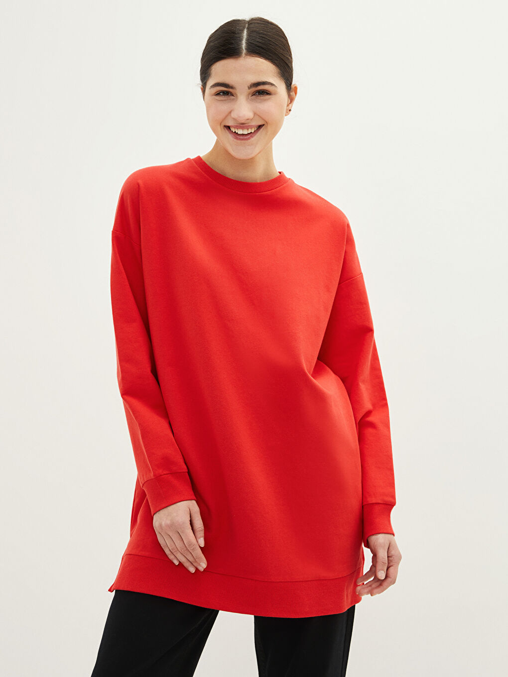 Crew Neck Plain Long Sleeve Women's Sweatshirt Tunic-1