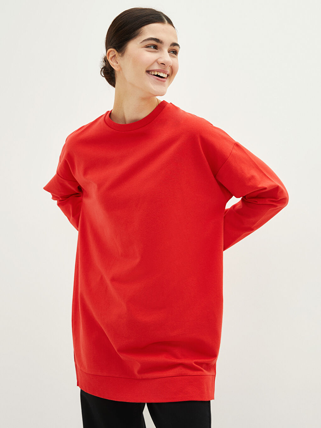 Crew Neck Plain Long Sleeve Women's Sweatshirt Tunic-2