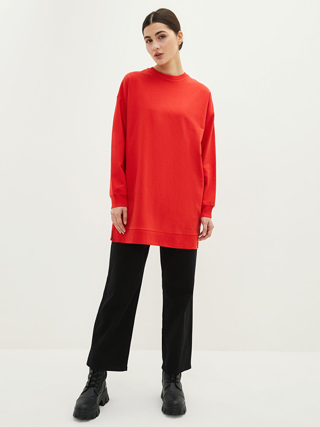 Crew Neck Plain Long Sleeve Women's Sweatshirt Tunic-3