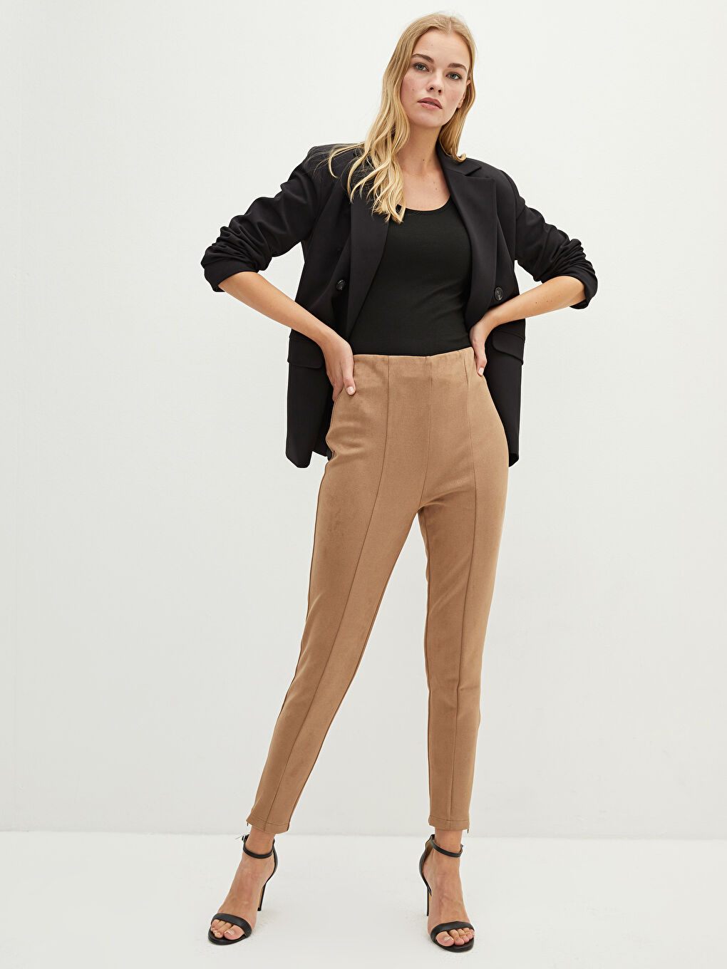 Bej Kadın Beli Lastikli Dar Fit Düz Pantolon-2