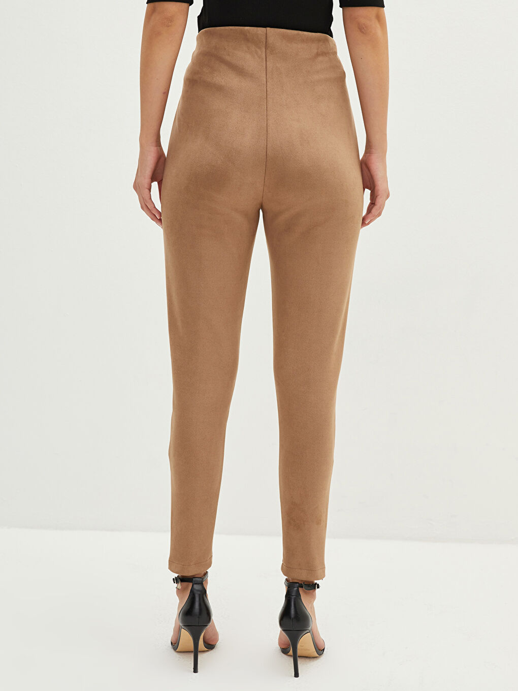 Bej Kadın Beli Lastikli Dar Fit Düz Pantolon-5