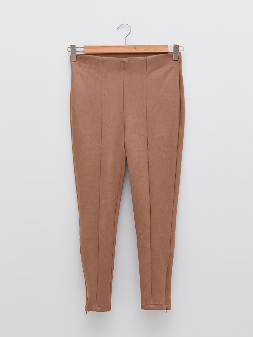 Bej Kadın Beli Lastikli Dar Fit Düz Pantolon-6