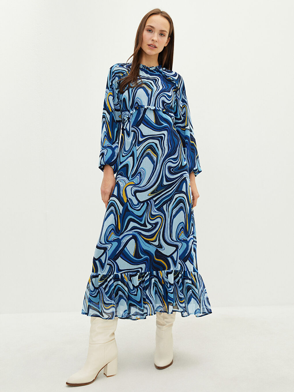 Mavi Fırfırlı Dik Yaka Desenli Uzun Kollu Kadın Elbise