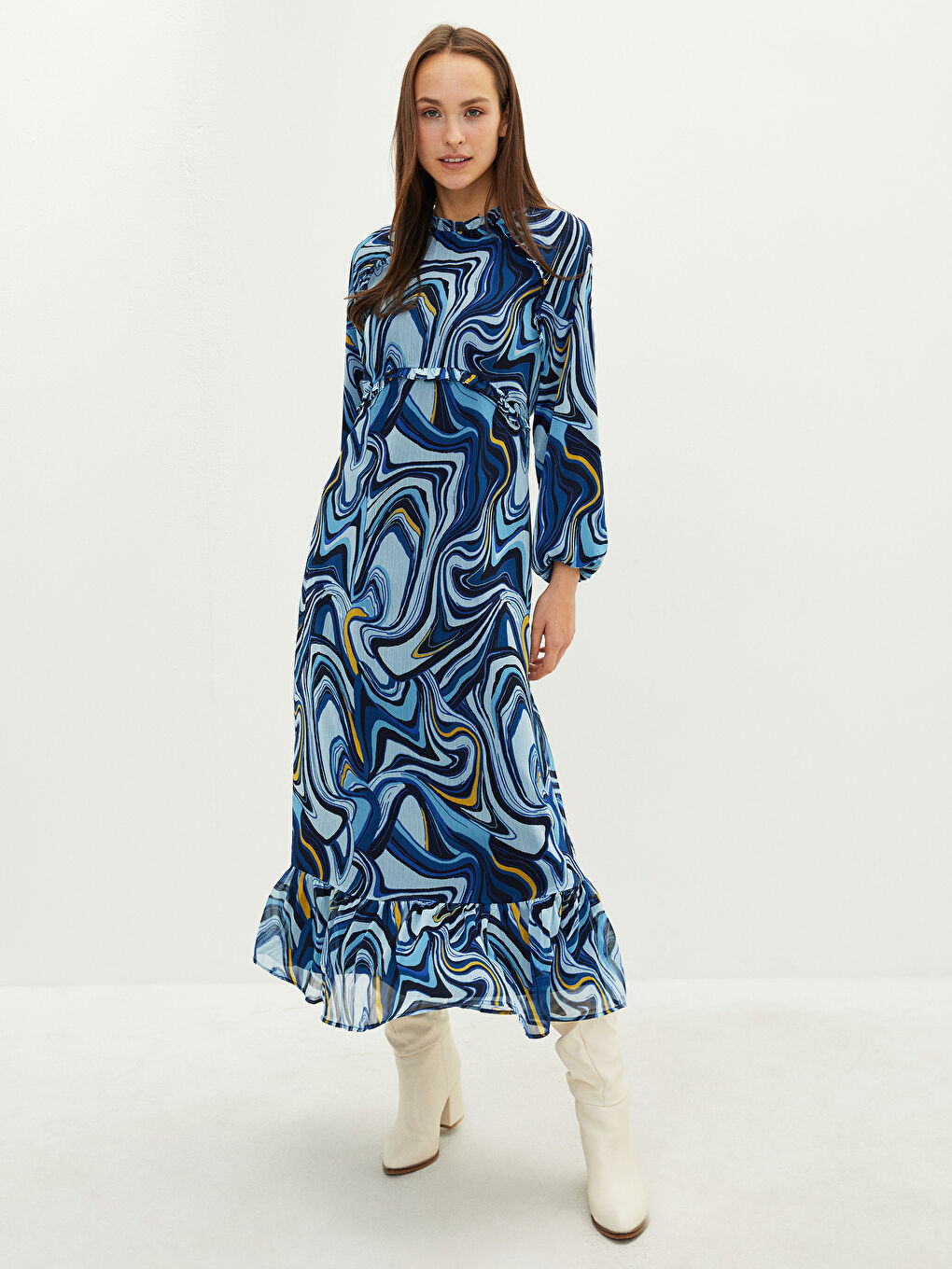 Mavi Fırfırlı Dik Yaka Desenli Uzun Kollu Kadın Elbise-1