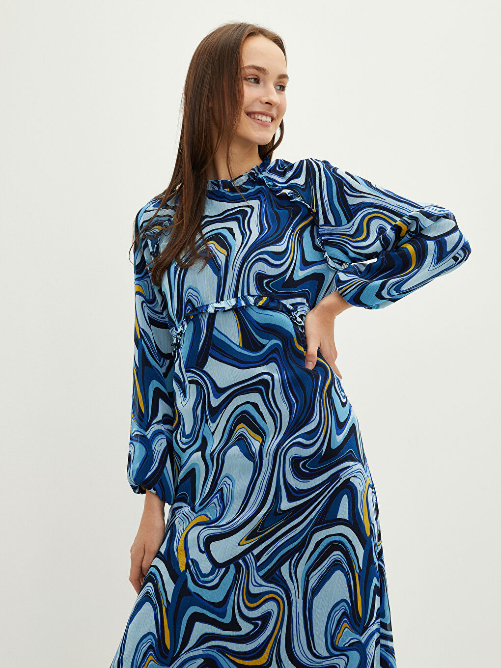 Mavi Fırfırlı Dik Yaka Desenli Uzun Kollu Kadın Elbise-2