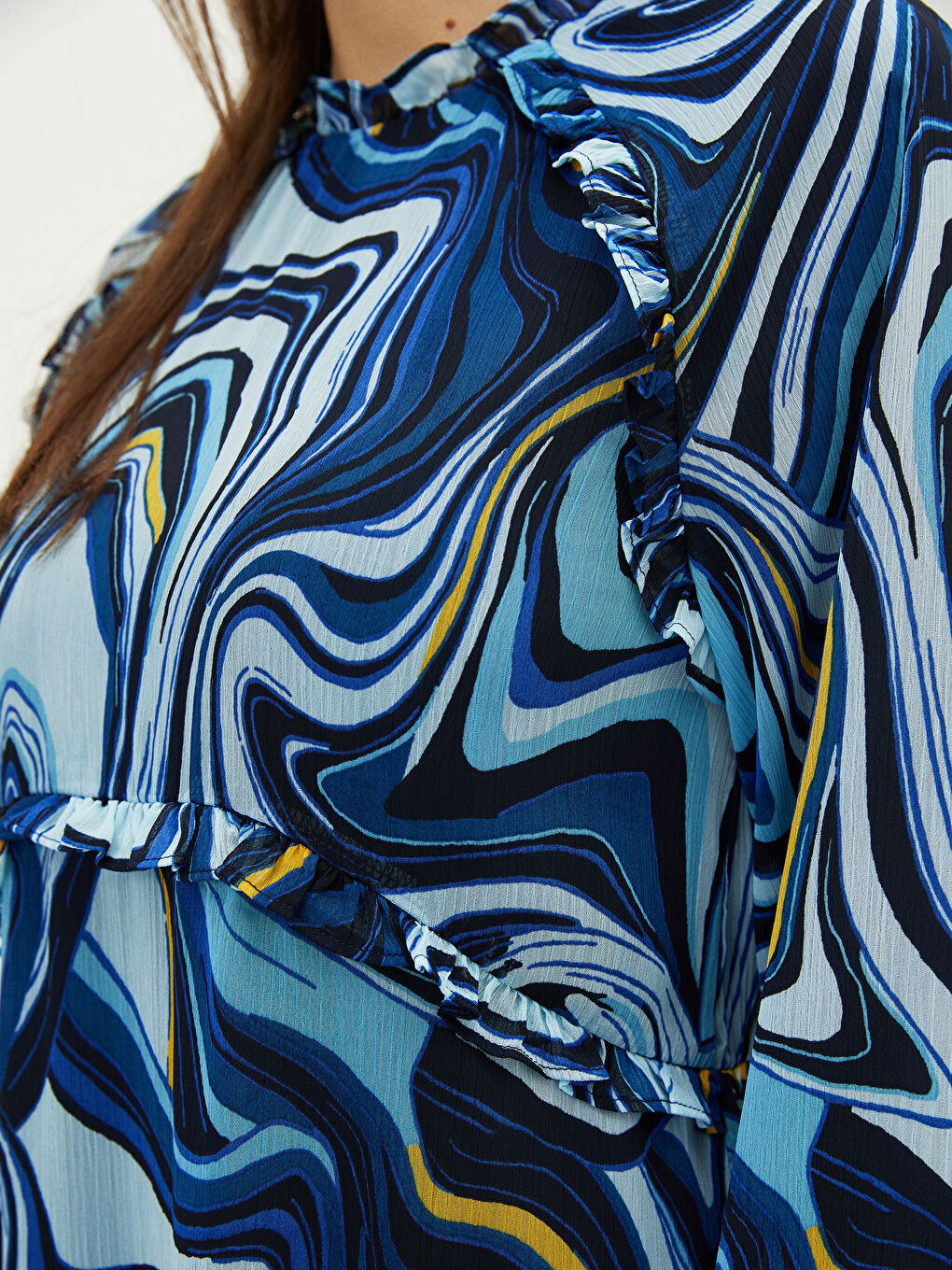 Mavi Fırfırlı Dik Yaka Desenli Uzun Kollu Kadın Elbise-3