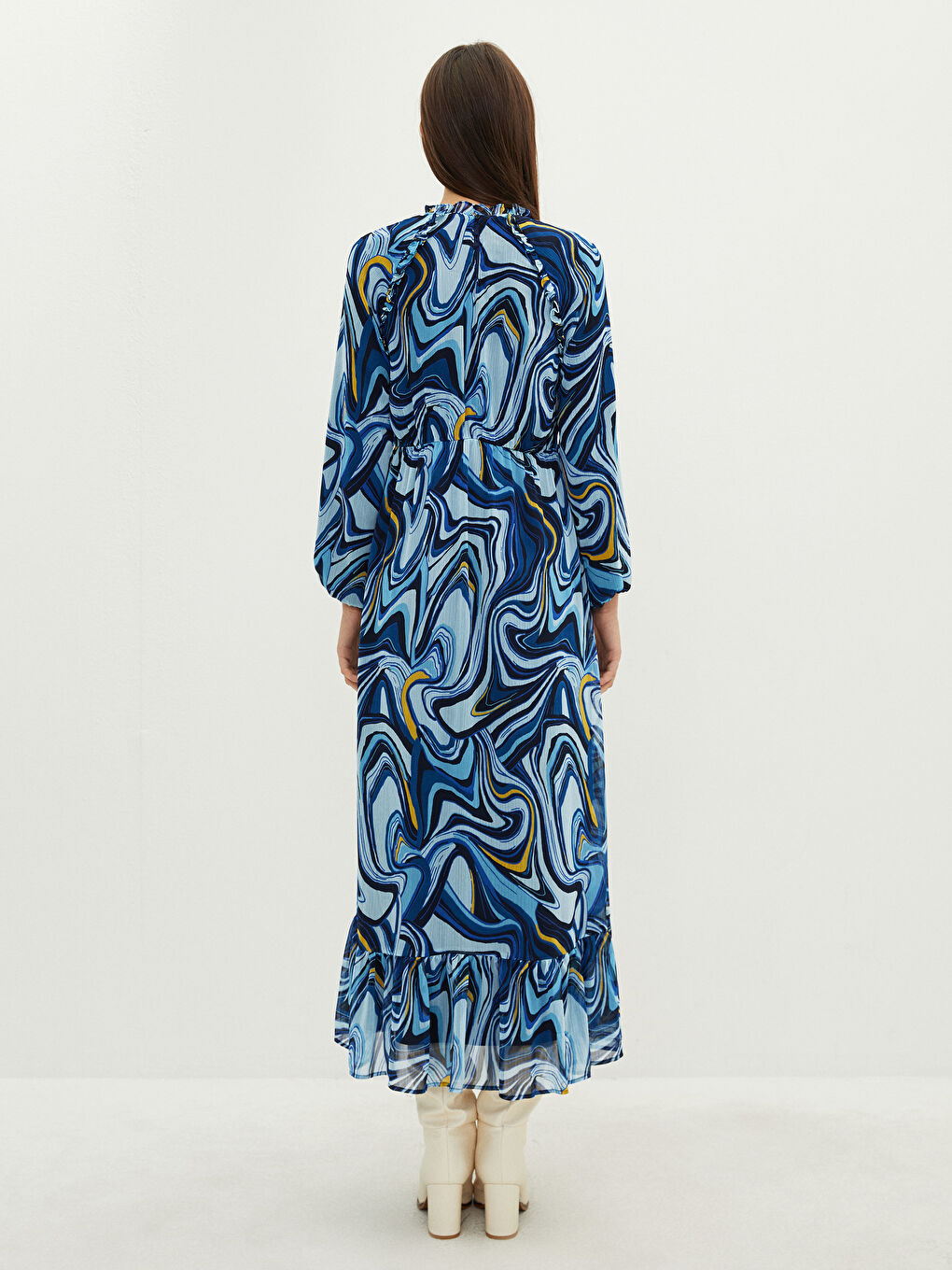 Mavi Fırfırlı Dik Yaka Desenli Uzun Kollu Kadın Elbise-4