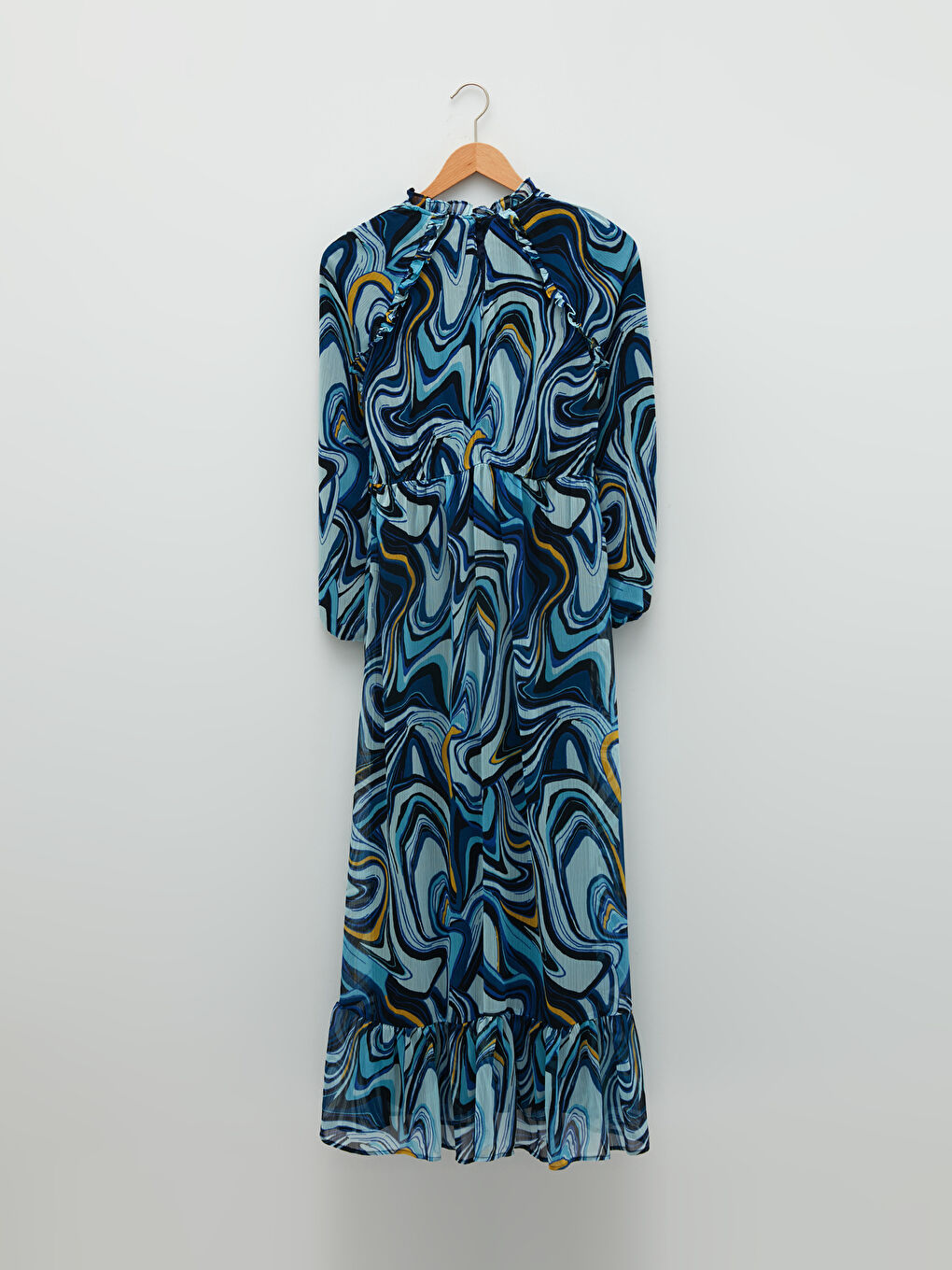 Mavi Fırfırlı Dik Yaka Desenli Uzun Kollu Kadın Elbise-6