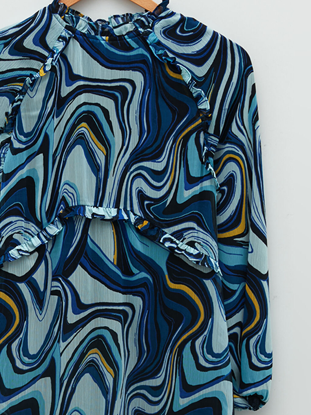 Mavi Fırfırlı Dik Yaka Desenli Uzun Kollu Kadın Elbise-7