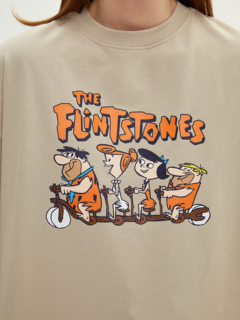 Bej Bisiklet Yaka Taş Devri Baskılı Uzun Kollu Oversize Kadın Sweatshirt Tunik-2