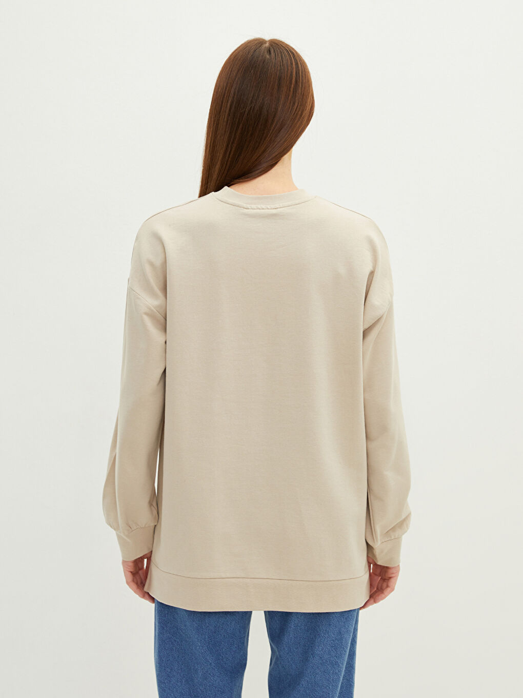 Bej Bisiklet Yaka Taş Devri Baskılı Uzun Kollu Oversize Kadın Sweatshirt Tunik-3