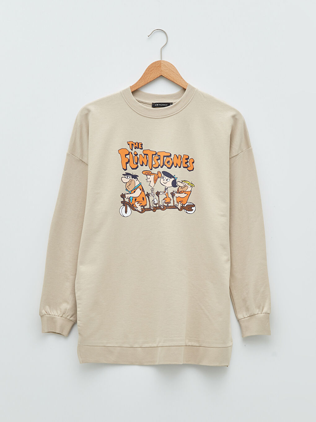 Bej Bisiklet Yaka Taş Devri Baskılı Uzun Kollu Oversize Kadın Sweatshirt Tunik-4