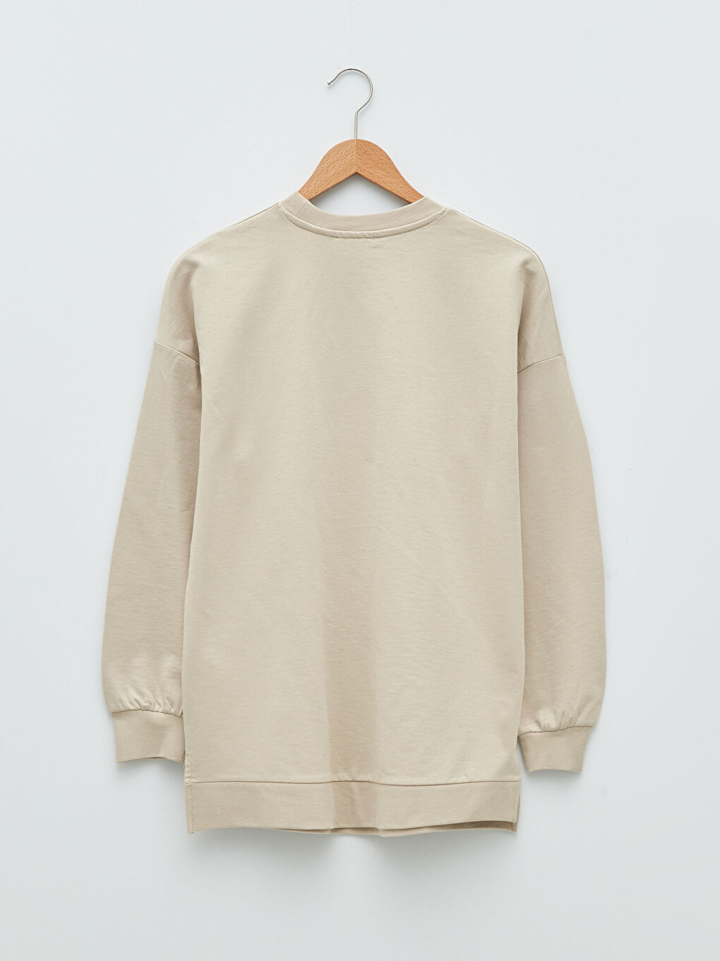 Bej Bisiklet Yaka Taş Devri Baskılı Uzun Kollu Oversize Kadın Sweatshirt Tunik-5