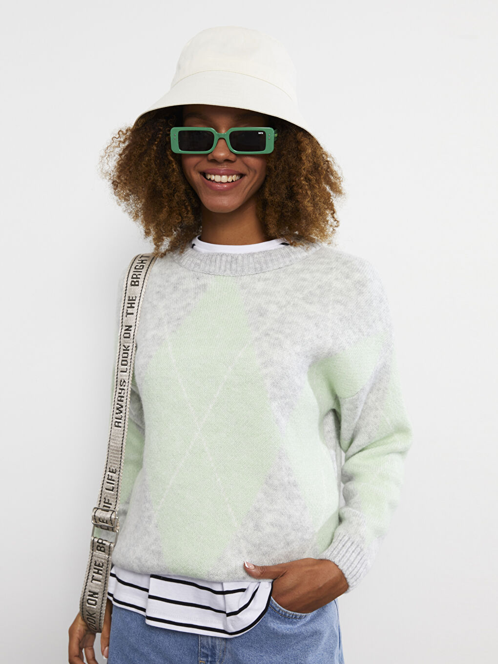 Gri Bisiklet Yaka Renk Bloklu Uzun Kollu Kadın Triko Kazak-2