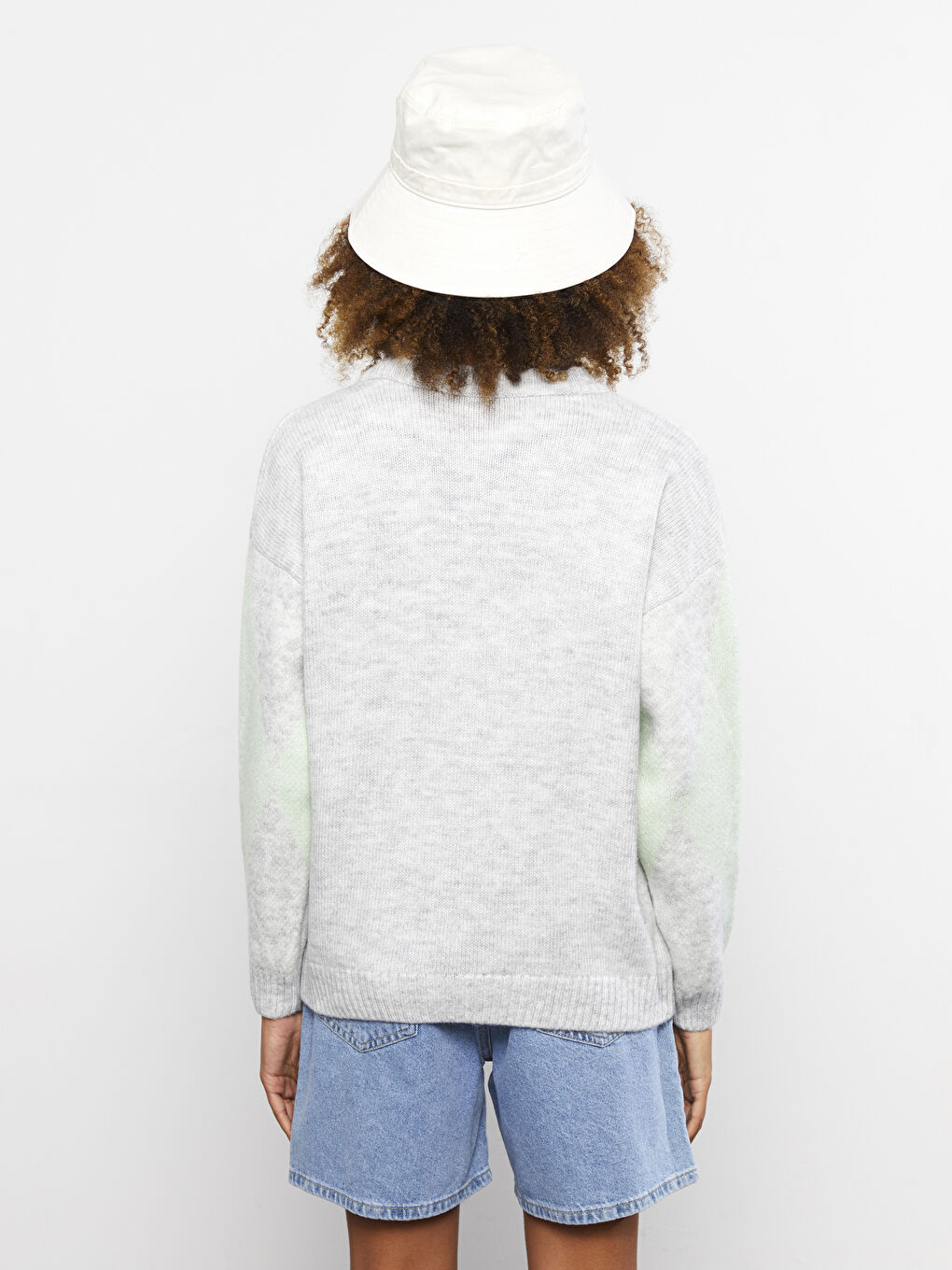 Gri Bisiklet Yaka Renk Bloklu Uzun Kollu Kadın Triko Kazak-4