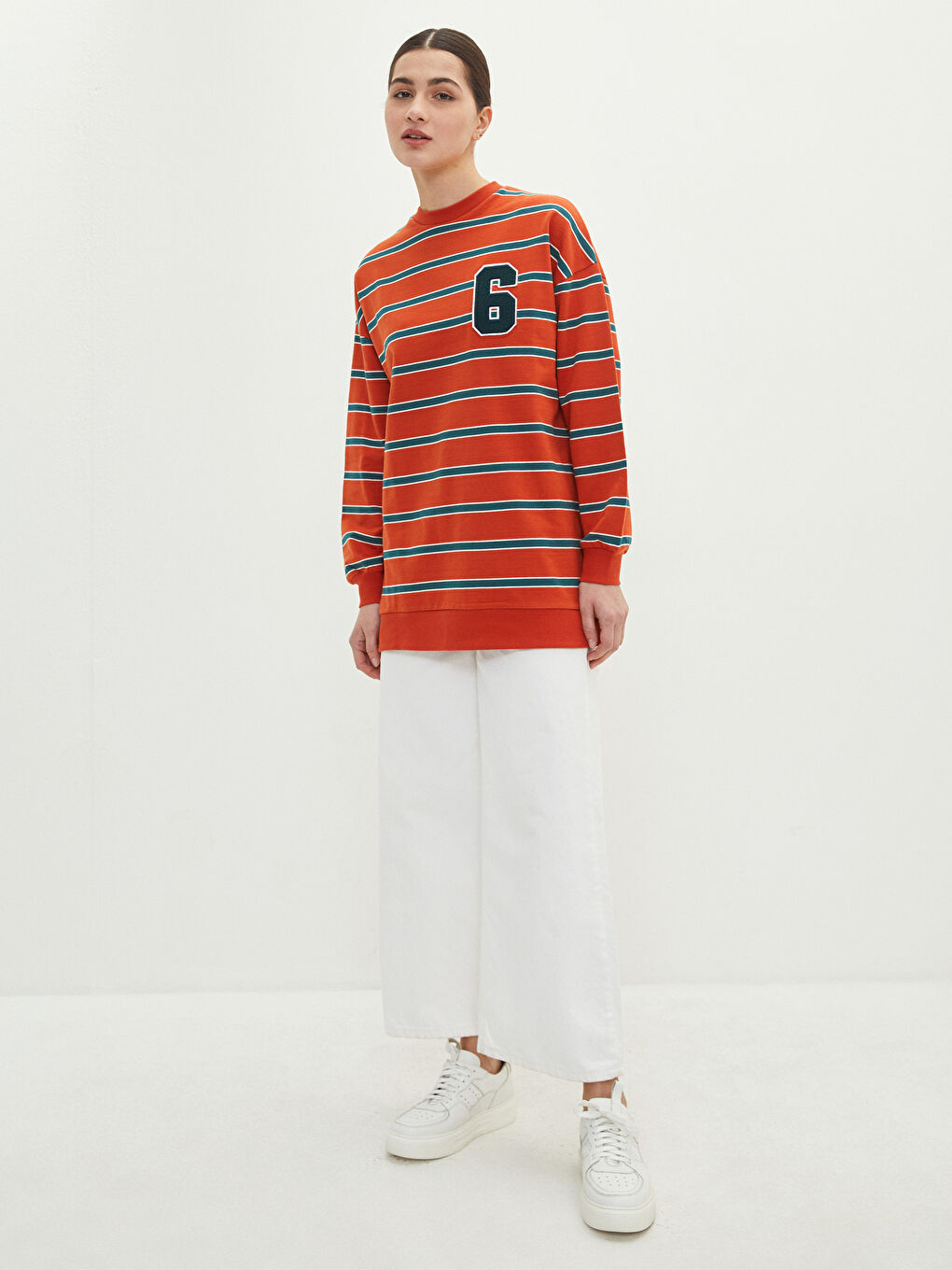 LCW Modest Crew Neck Striped Long Sleeve Oversize Cotton Women's Sweatshirt Tunic -W1K719Z8-RWW
