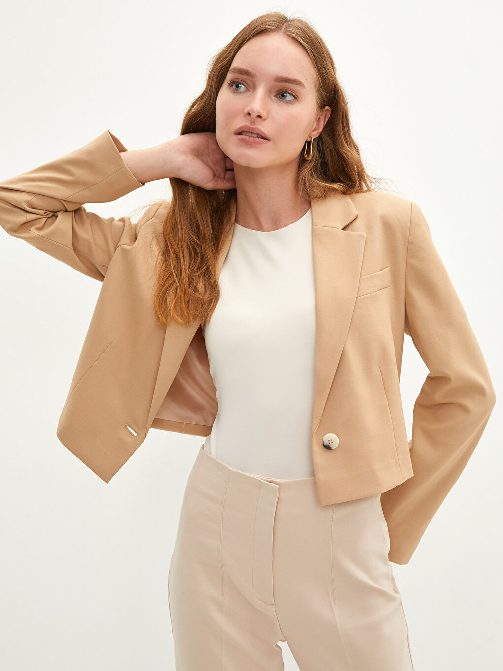 Kahverengi Önden Düğme Kapamalı Düz Uzun Kollu Kadın Ceket-1