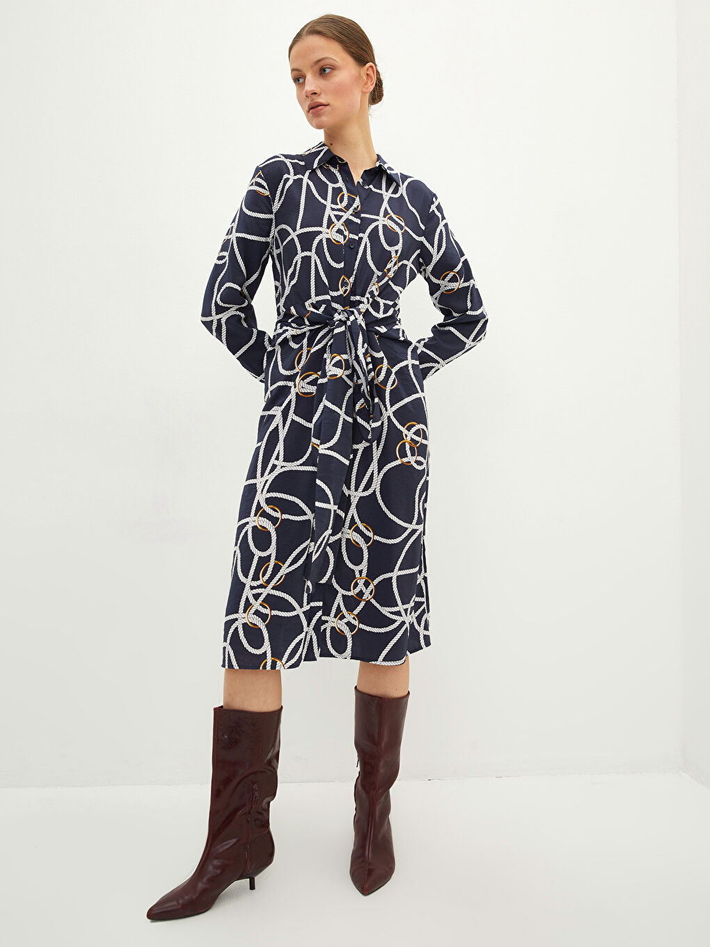 Lacivert Gömlek Yaka Desenli Uzun Kollu Viskon Kadın Elbise