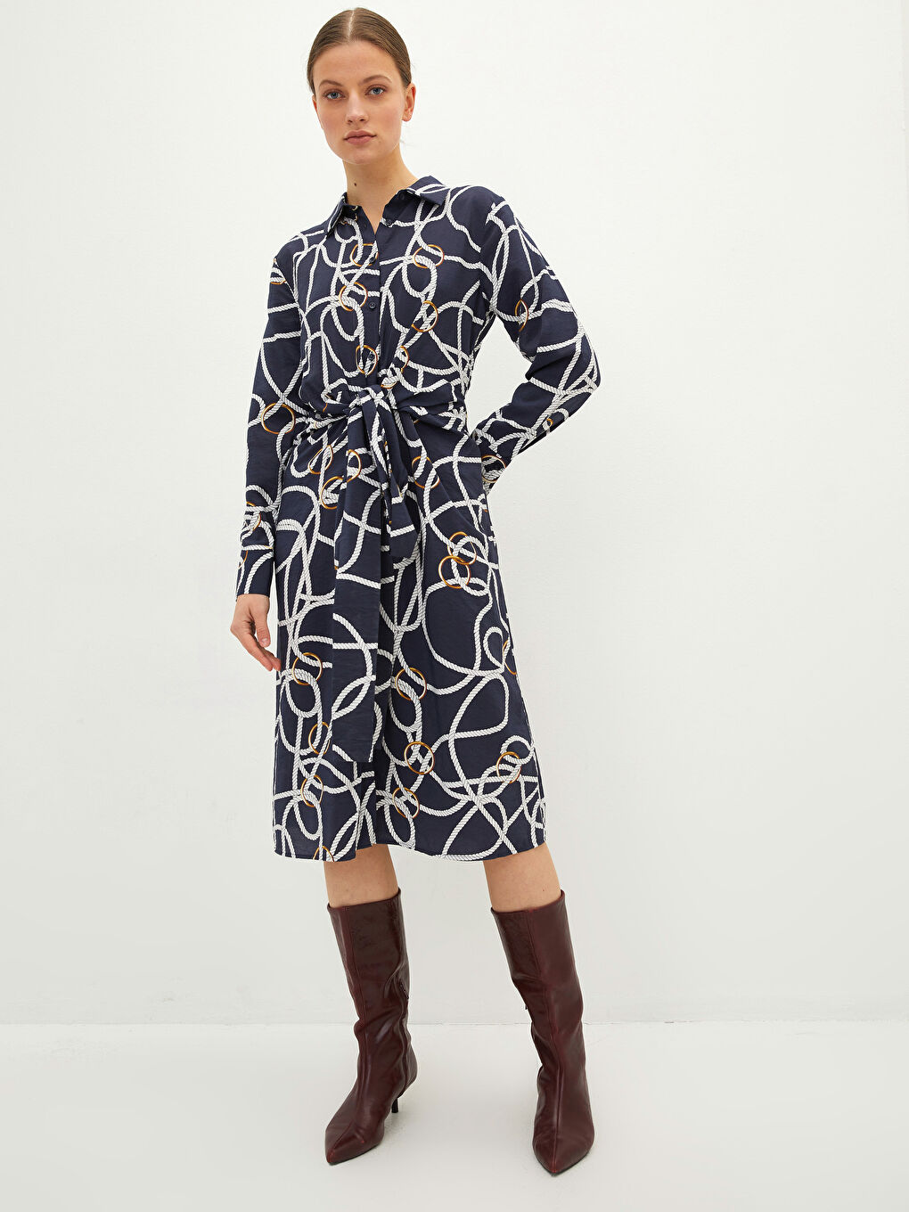 Lacivert Gömlek Yaka Desenli Uzun Kollu Viskon Kadın Elbise-1