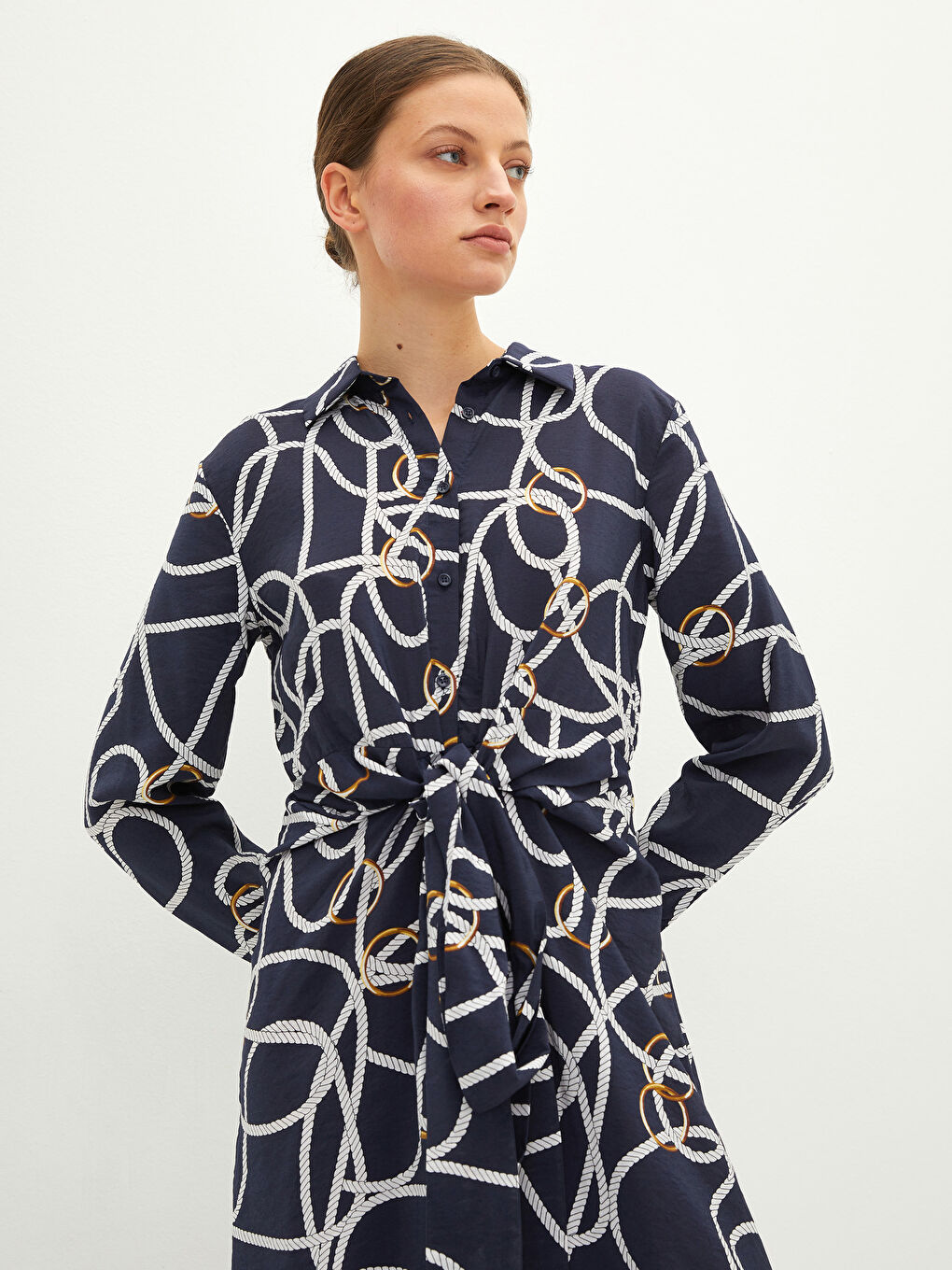 Lacivert Gömlek Yaka Desenli Uzun Kollu Viskon Kadın Elbise-2