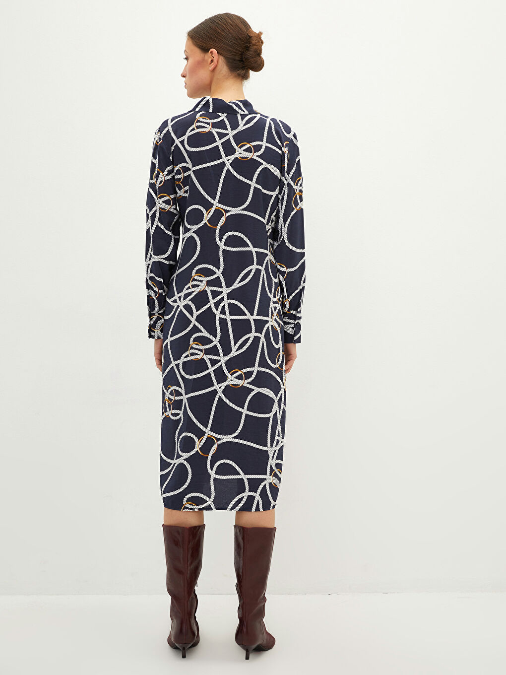 Lacivert Gömlek Yaka Desenli Uzun Kollu Viskon Kadın Elbise-4