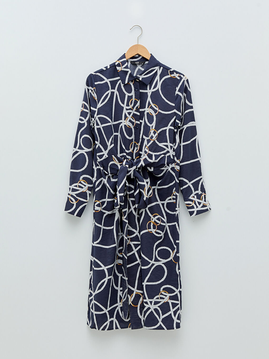 Lacivert Gömlek Yaka Desenli Uzun Kollu Viskon Kadın Elbise-5