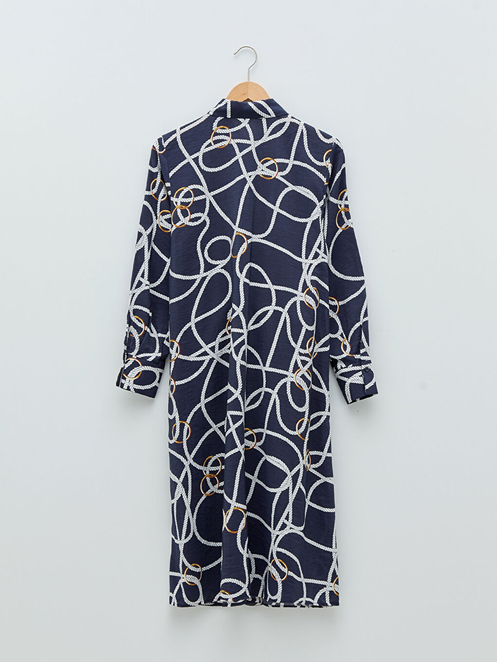 Lacivert Gömlek Yaka Desenli Uzun Kollu Viskon Kadın Elbise-6