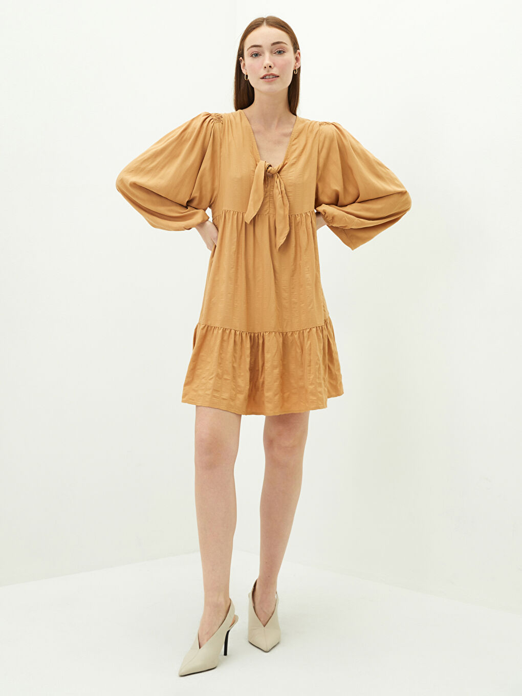 Tie Collar Straight Long Sleeve Women's Shirt Dress