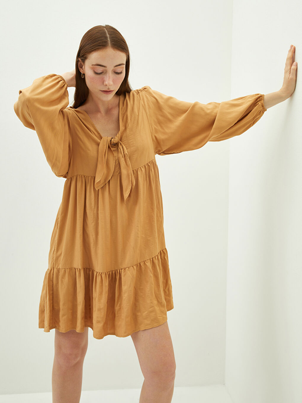 Tie Collar Straight Long Sleeve Women's Shirt Dress-1