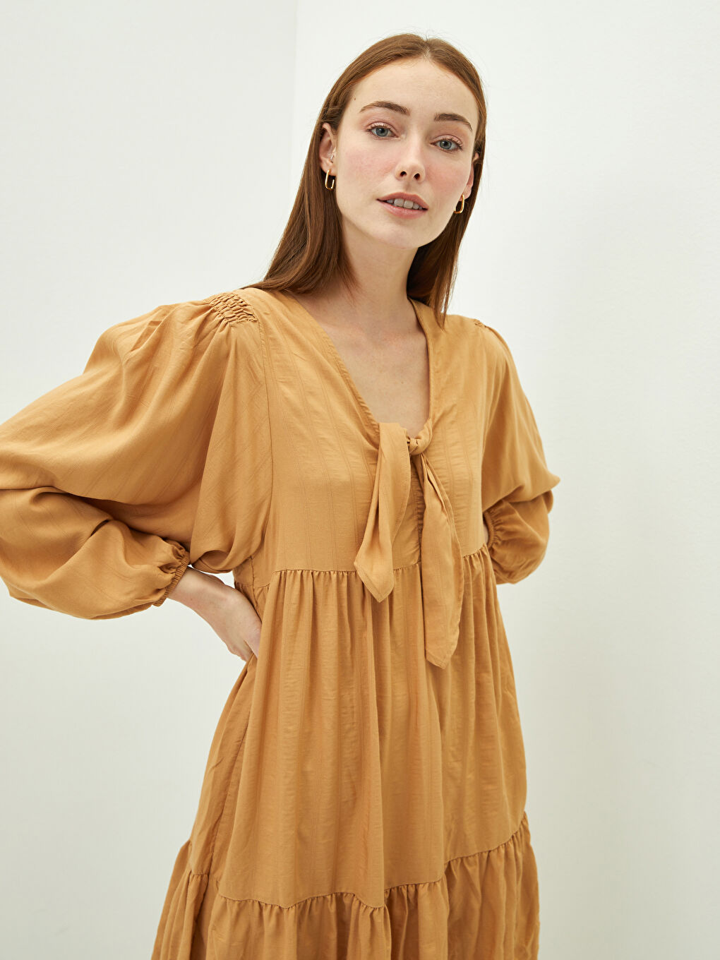 Tie Collar Straight Long Sleeve Women's Shirt Dress-2