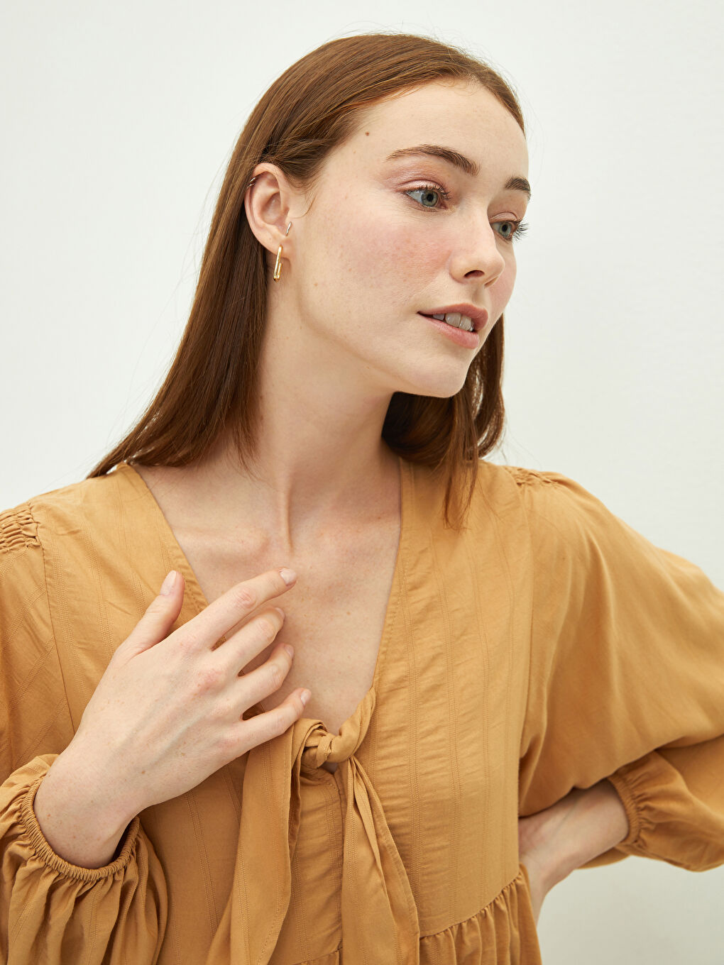 Tie Collar Straight Long Sleeve Women's Shirt Dress-3