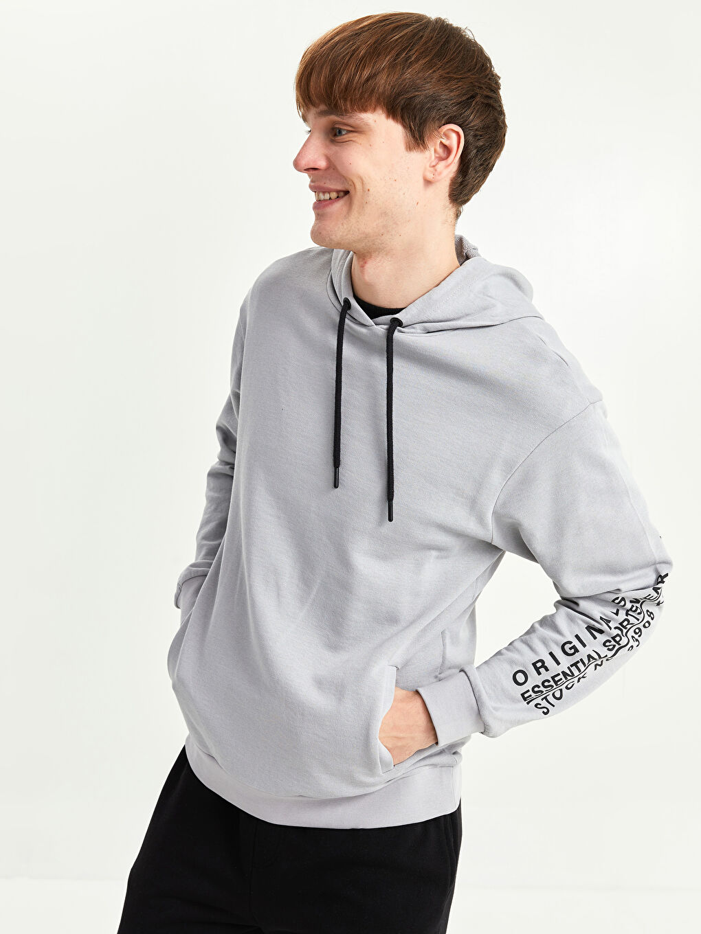 XSIDE Gri Uzun Kollu Baskılı Erkek Hoodie