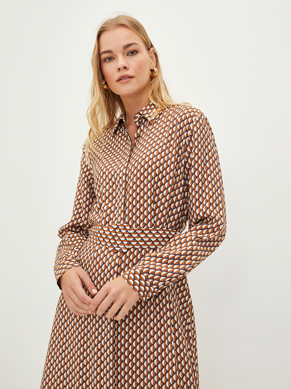 Front Button Closure Patterned Long Sleeve Women's Shirt Shirt Dress-1
