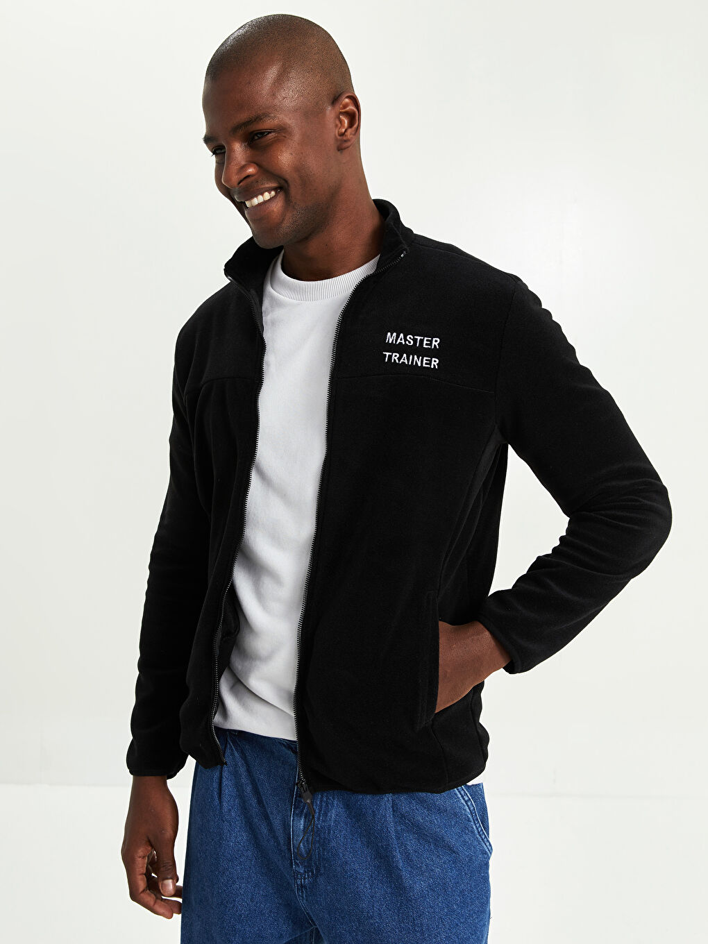 Siyah Standart Kalıp Dik Yaka Polar Kalın Erkek Hırka-1