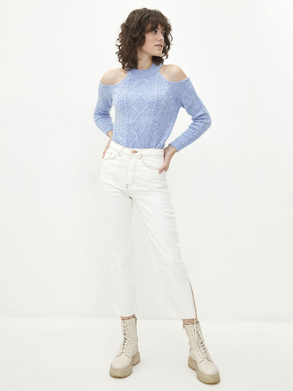 Halter Neck Self Patterned Long Sleeve Tricot Sweater-1