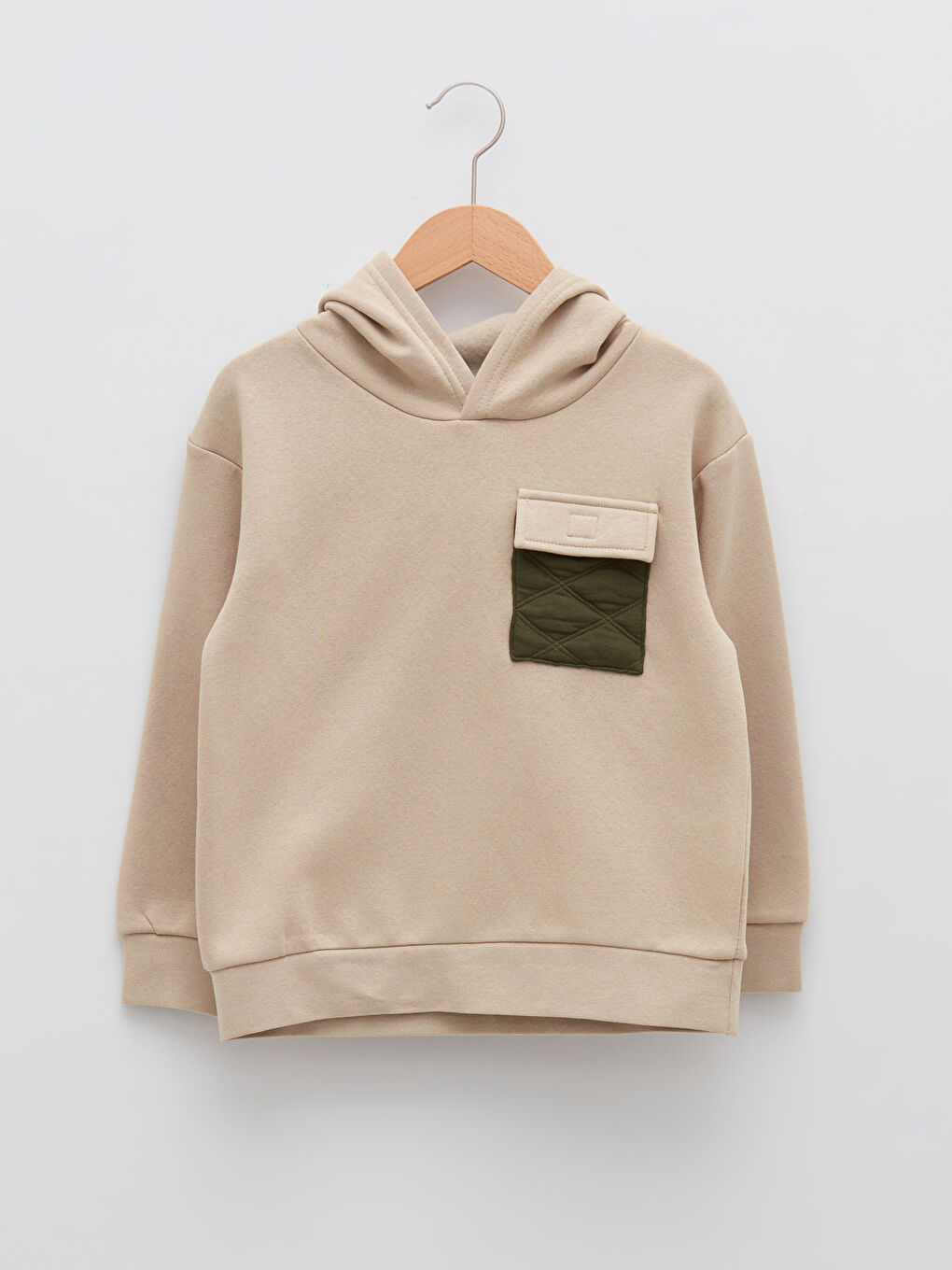 Bej Kapüşonlu Basic Uzun Kollu Erkek Çocuk Sweatshirt