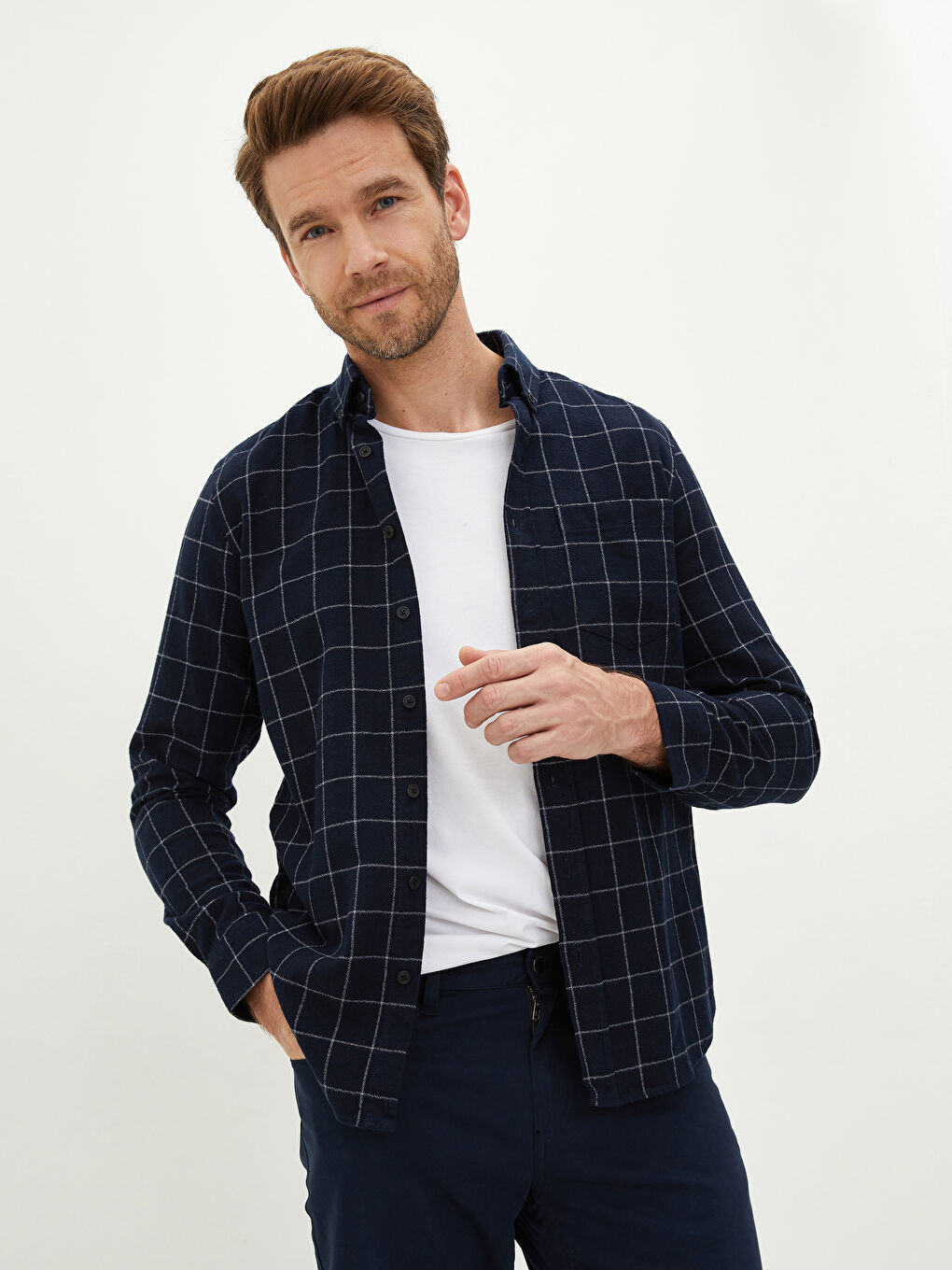 Lacivert Regular Fit Uzun Kollu Ekose Erkek Gömlek