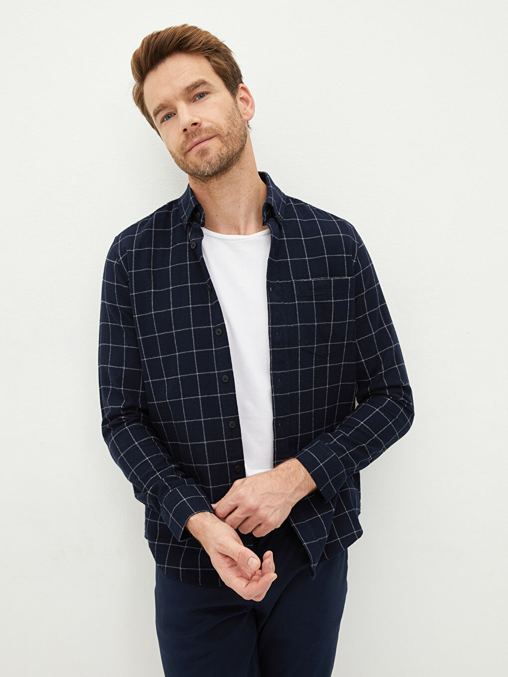 Lacivert Regular Fit Uzun Kollu Ekose Erkek Gömlek-1