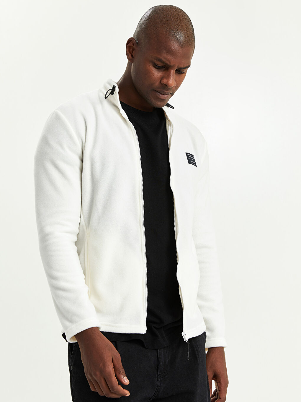 Beyaz Standart Kalıp Dik Yaka Kalın Erkek Polar Hırka-1