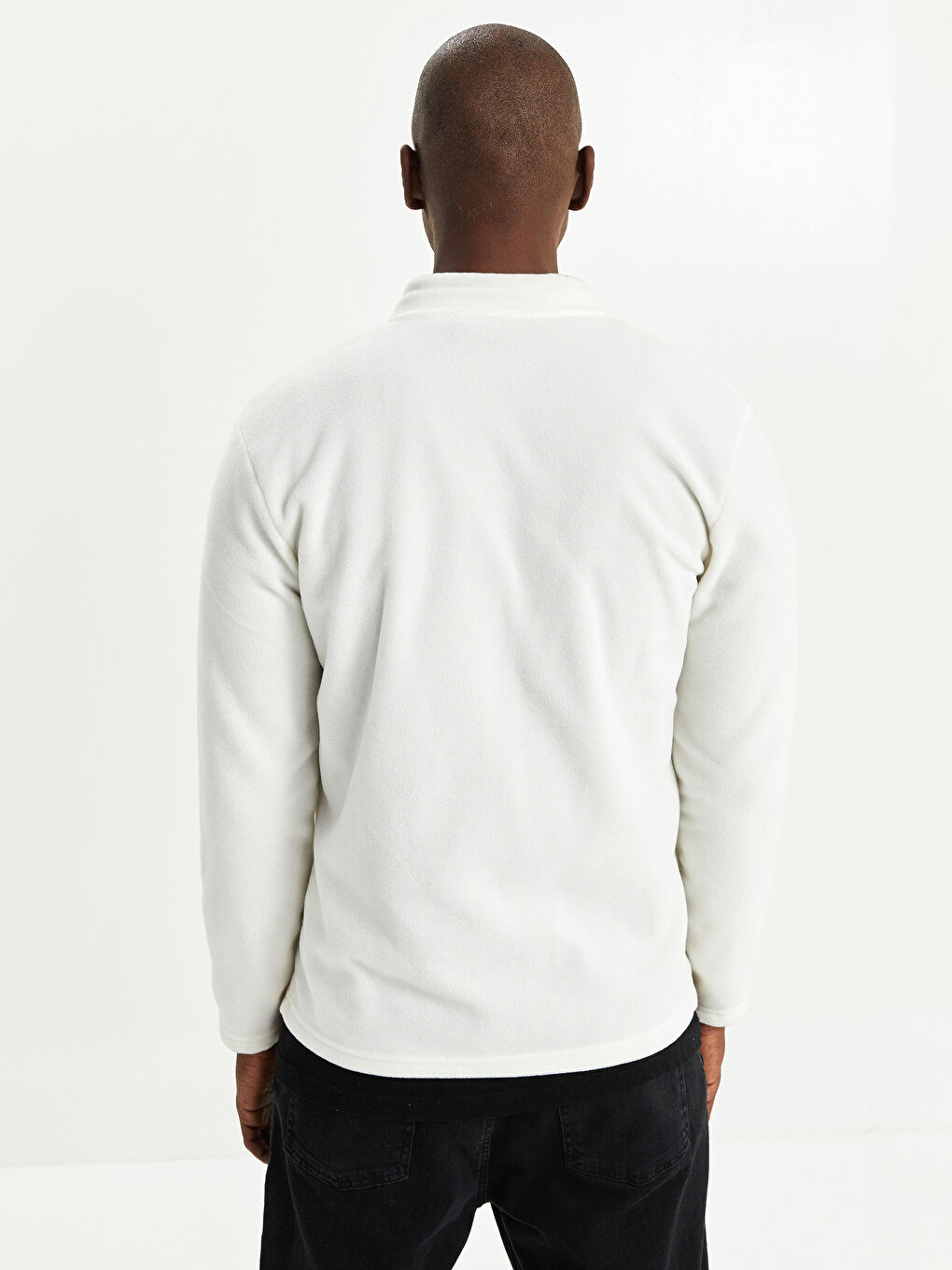 Beyaz Standart Kalıp Dik Yaka Kalın Erkek Polar Hırka-4