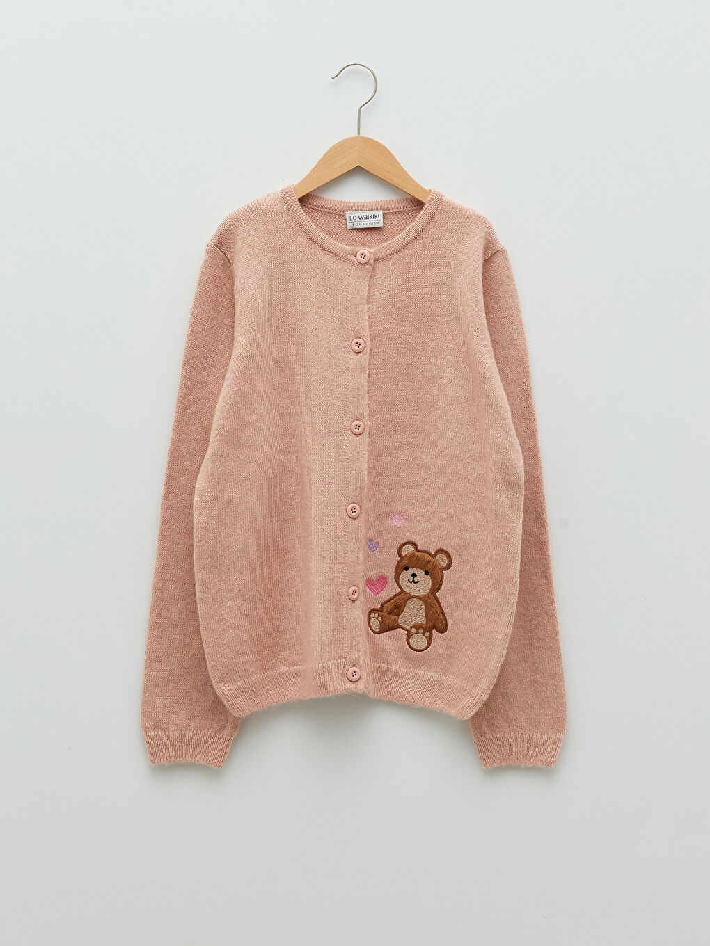 Pembe Bisiklet Yaka Nakışlı Uzun Kollu Kız Çocuk Triko Hırka