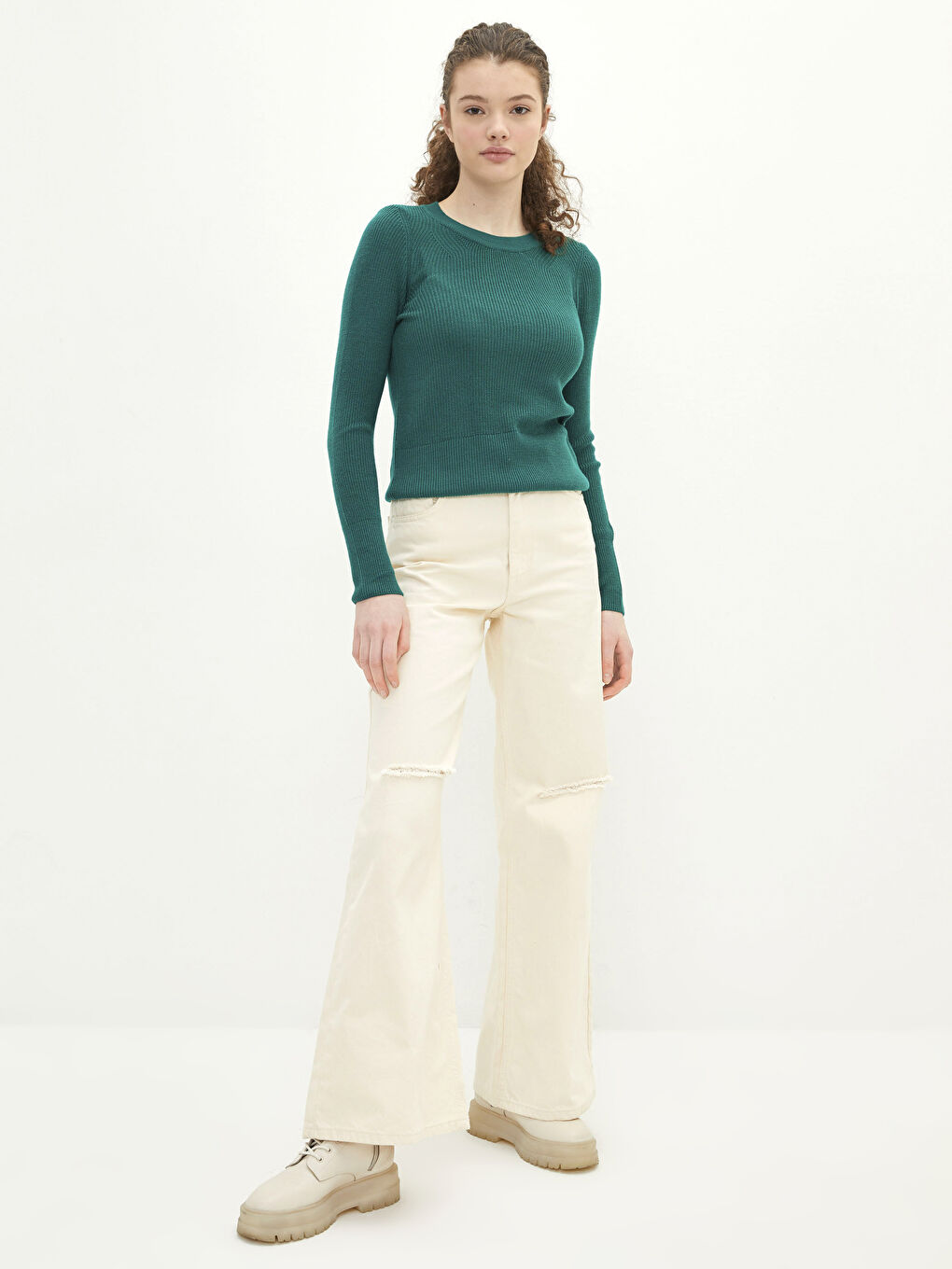 Yeşil Bisiklet Yaka Düz Uzun Kollu Kadın Triko Kazak-1