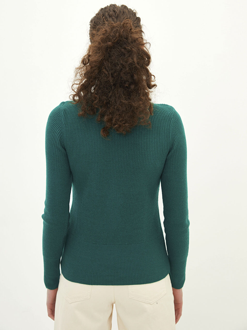 Yeşil Bisiklet Yaka Düz Uzun Kollu Kadın Triko Kazak-3